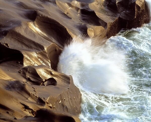USA, Oregon, Cape Kiwanda SP. A wave crashes against the rocky shore at Cape Kiwanda