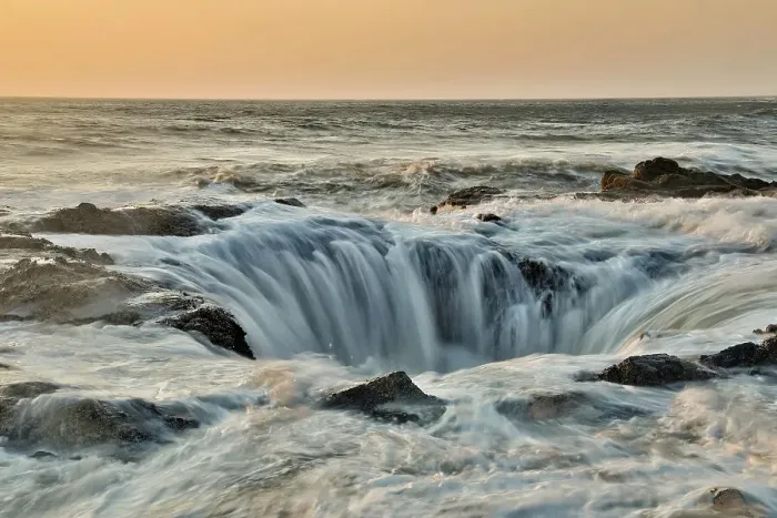 Framed Print : USA, Oregon, Cape Perpetua and Thor's Well at sunset