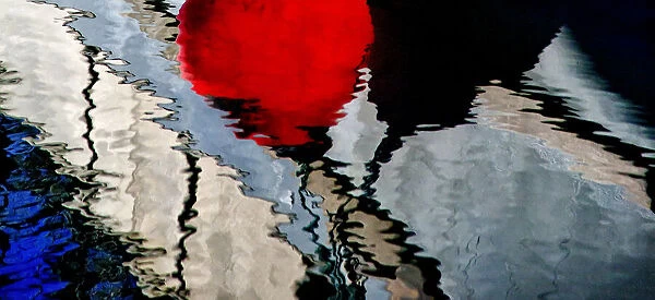 USA, Oregon, Charleston. Abstract reflection of buoys on commercial fishing boat