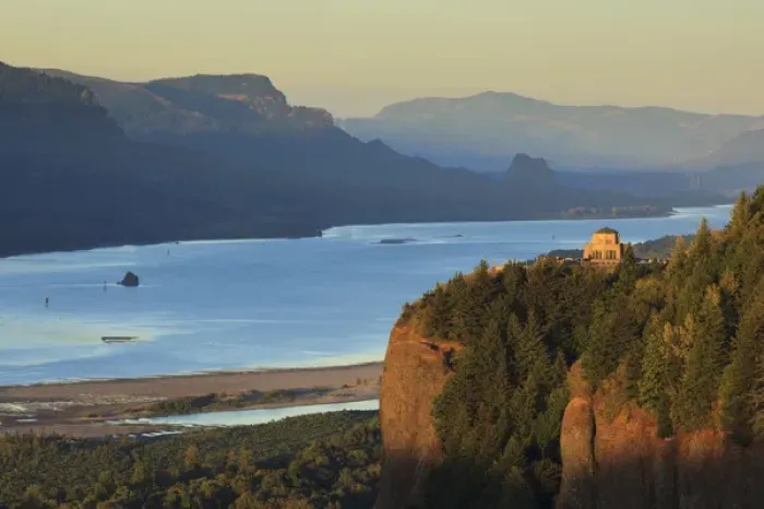 Framed Print : USA, Oregon, Columbia Gorge, Chanticleer Point, a Vista House at sunset Framed Print : USA, Oregon, Columbia Gorge, Chanticleer Point, a Vista House at sunset