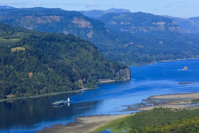 Framed Print : USA, Oregon, Columbia Gorge, Chanticleer Point, a barge traveling downriver, navigating Framed Print : USA, Oregon, Columbia Gorge, Chanticleer Point, a barge traveling downriver, navigating