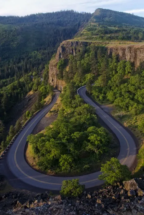 Framed Print : USA, Oregon, Columbia River Gorge. Hairpin curve on road Framed Print : USA, Oregon, Columbia River Gorge. Hairpin curve on road