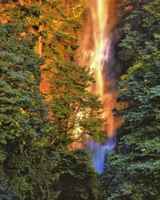 Framed Print : USA, Oregon, Columbia River Gorge National Scenic Area. Sunset light on bottom of Multnomah Falls Framed Print : USA, Oregon, Columbia River Gorge National Scenic Area. Sunset light on bottom of Multnomah Falls