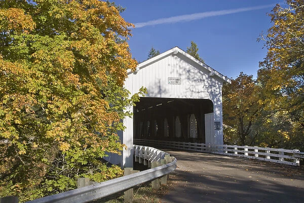 USA, Oregon, Cottage Grove. View of the historic Dorena Covered Bridge. Credit as