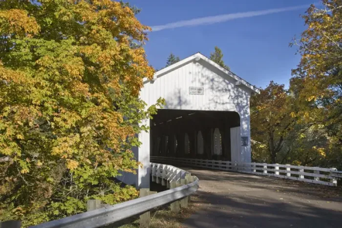 Framed Print : USA, Oregon, Cottage Grove. View of the historic Dorena Covered Bridge. Credit as