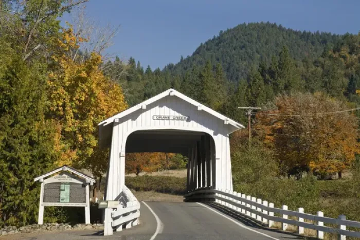 Framed Print : USA, Oregon, Cottage Grove. View of the historic Grave Creek Covered Bridge. Credit as