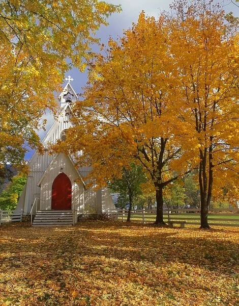 USA, Oregon, Cove. Ascension Chapel surrounded by autumn color