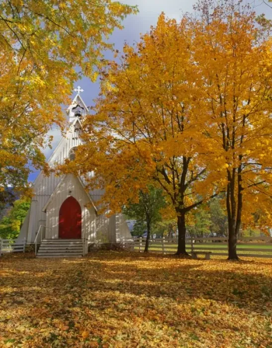 Framed Print : USA, Oregon, Cove. Ascension Chapel surrounded by autumn color
