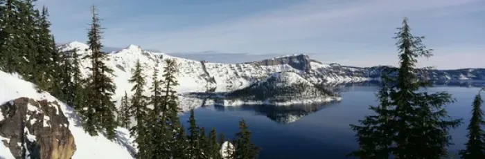 Framed Print : USA, Oregon, Crater Lake National Park, View of snow covered mountains with Crater lake