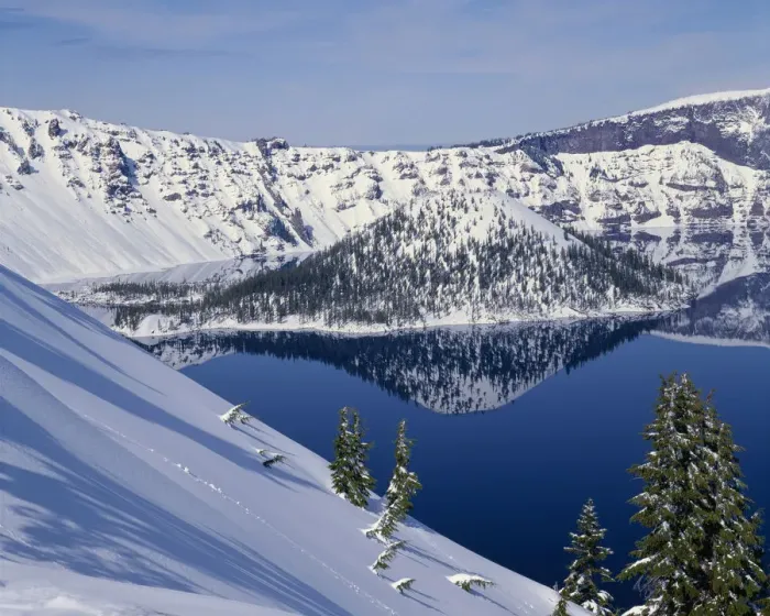 Framed Print : USA, Oregon, Crater Lake National Park. Winter snow on west rim of Crater Lake and Wizard Island Framed Print : USA, Oregon, Crater Lake National Park. Winter snow on west rim of Crater Lake and Wizard Island