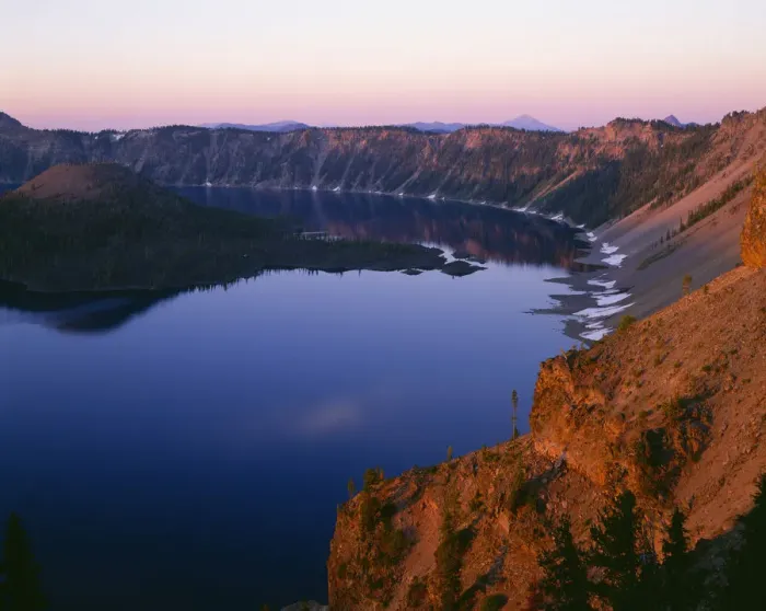 Framed Print : USA, Oregon. Crater Lake National Park, sunrise light on Wizard Island, view south Framed Print : USA, Oregon. Crater Lake National Park, sunrise light on Wizard Island, view south