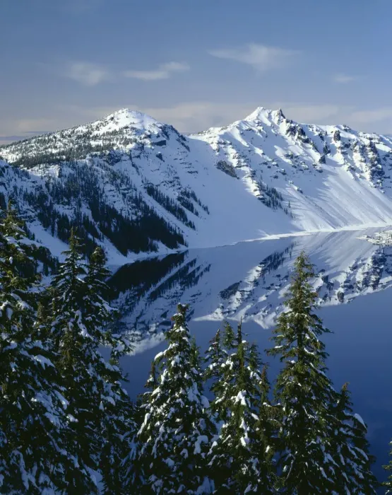 Framed Print : USA, Oregon. Crater Lake National Park, winter snow on west rim of Crater Lake with The Watchman Framed Print : USA, Oregon. Crater Lake National Park, winter snow on west rim of Crater Lake with The Watchman
