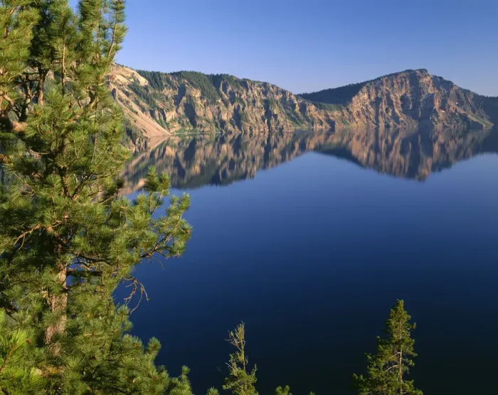 Framed Print : USA, Oregon. Crater Lake National Park, whitebark pines frame view south from Palisade
