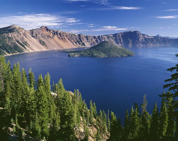 USA, Oregon, Crater Lake National Park. Crater Lake and Wizard Island with distant Hillman Peak