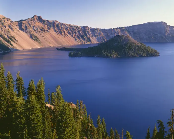 Framed Print : USA, Oregon, Crater Lake National Park. Sunrise on west rim of Crater Lake with Hillman Peak