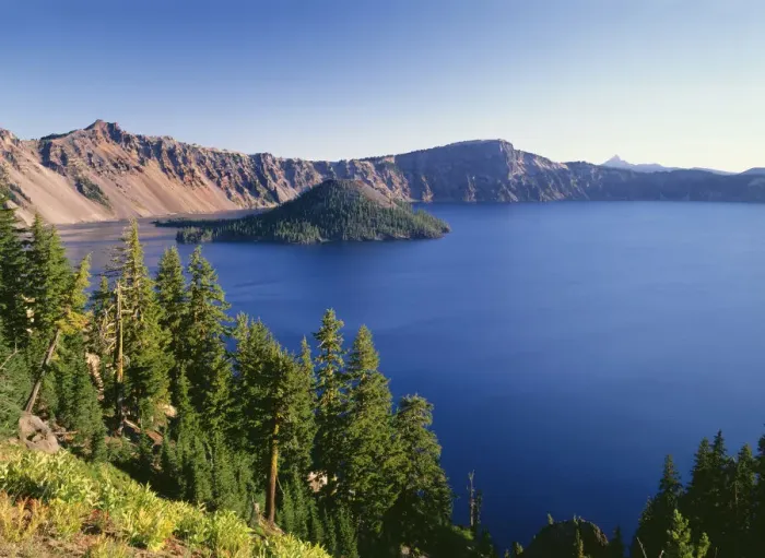 Framed Print : USA, Oregon, Crater Lake National Park. Crater Lake and Wizard Island with distant Hillman Peak