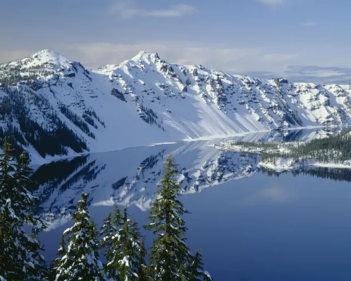Framed Print : USA, Oregon. Crater Lake National Park, winter snow on west rim of Crater Lake with The Watchman