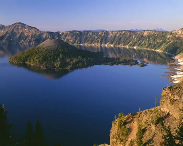 Framed Print : USA, Oregon, Crater Lake National Park. Sunrise light on Wizard Island, view south Framed Print : USA, Oregon, Crater Lake National Park. Sunrise light on Wizard Island, view south