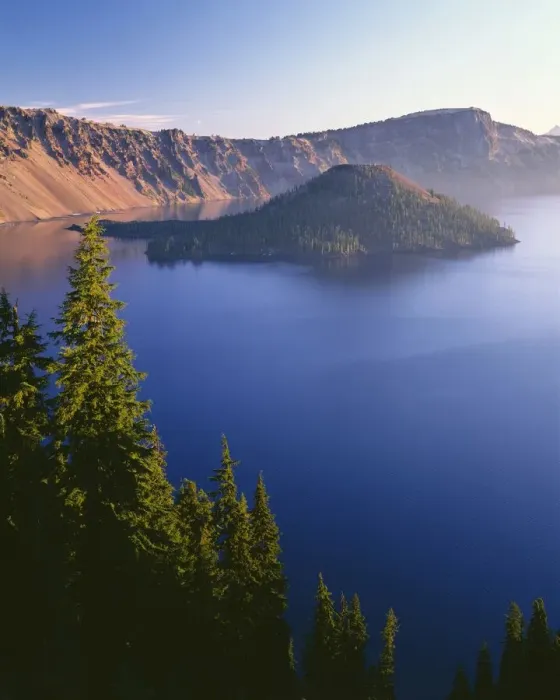 Framed Print : USA, Oregon, Crater Lake National Park. Sunrise on west rim of Crater Lake with Wizard Island