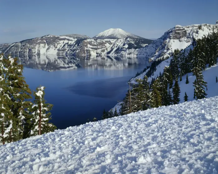 Framed Print : USA, Oregon, Crater Lake National Park. Evening light warms snowy rim of Crater Lake Framed Print : USA, Oregon, Crater Lake National Park. Evening light warms snowy rim of Crater Lake