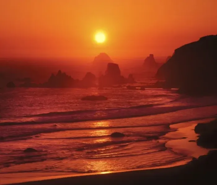 Framed Print : USA, Oregon, Curry County. Sunset on shoreline viewed from Rainbow Rock Lookout