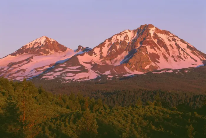 Framed Print : USA, Oregon, Deschutes National Forest. Sunrise reddens Middle Sister (left) and North Sister Framed Print : USA, Oregon, Deschutes National Forest. Sunrise reddens Middle Sister (left) and North Sister