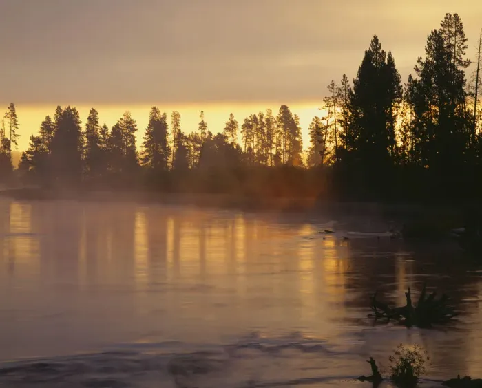 Framed Print : USA, Oregon, Deschutes National Forest. Fog hovers above the Deschutes River at sunrise