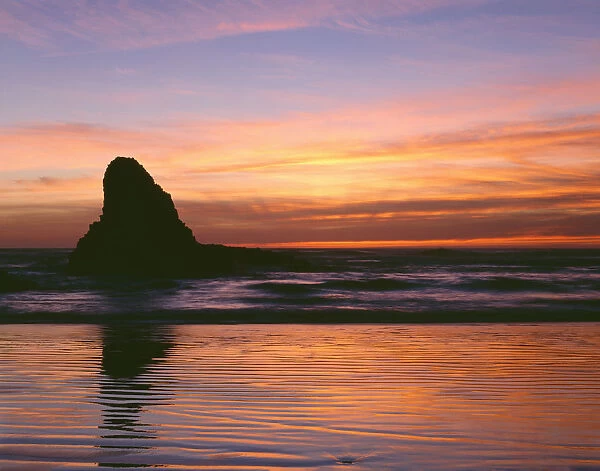 USA, Oregon. Ecola State Park, sunset over sea stack at Indian Beach