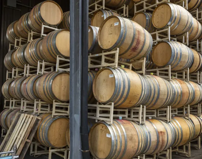 Framed Print : USA, Oregon, Elk Cove Winery. Oak storage barrels
