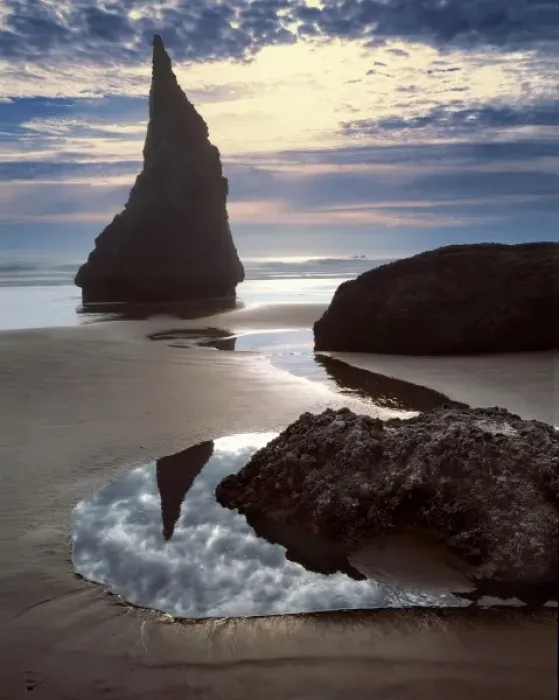Framed Print : USA, Oregon, Face Rock Wayside. A thorn-shaped seastack is silhouetted against Framed Print : USA, Oregon, Face Rock Wayside. A thorn-shaped seastack is silhouetted against