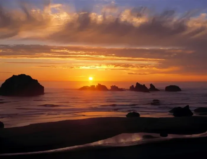 Framed Print : USA, Oregon, Face Rock Wayside. A wildly-colored sunset graces the sky at Face Rock