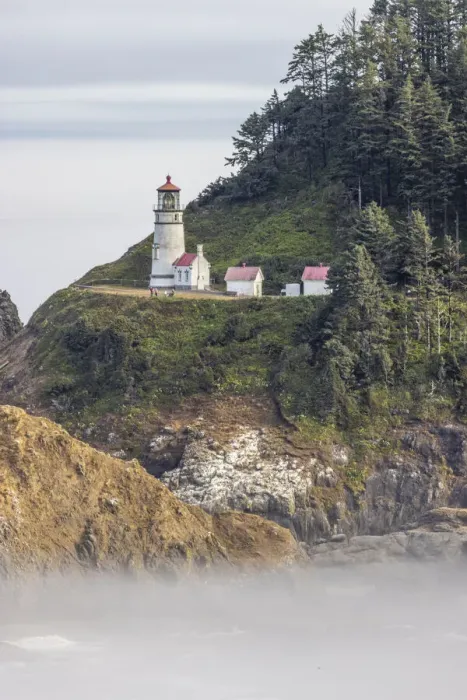 Framed Print : Usa, Oregon, Florence. Heceta Head Lighthouse, A Foggy Morning on the Pacific Surrounding the Heceta Head Lighthouse