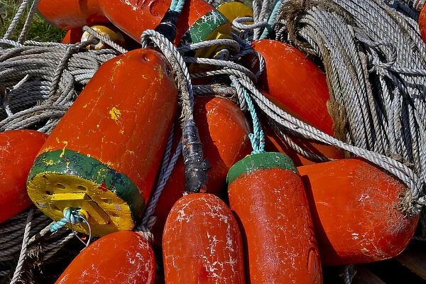 USA, Oregon, Garibaldi. Colorful crab pot buoys