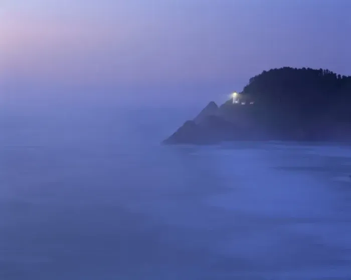 Framed Print : USA, Oregon, Heceta Head. Blue fog on the Oregon Coast makes the beacon of Heceta