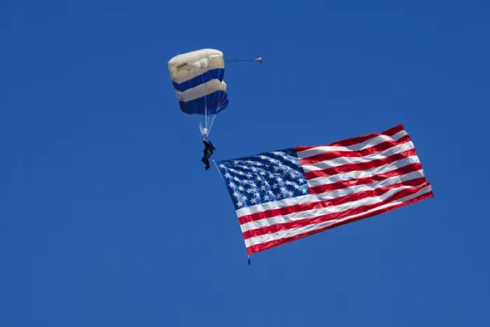 Framed Print : USA, Oregon, Hillsboro, USAF Academy skydiver, diving with the US Flag Framed Print : USA, Oregon, Hillsboro, USAF Academy skydiver, diving with the US Flag