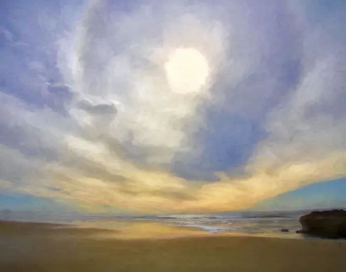Framed Print : USA, Oregon, Hug Point State Park. Abstract image of a sun bow over beach. Credit as Framed Print : USA, Oregon, Hug Point State Park. Abstract image of a sun bow over beach. Credit as