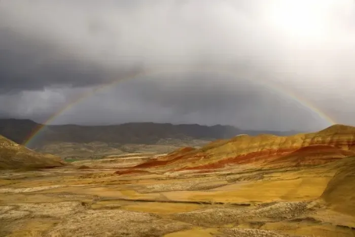 Framed Print : USA, Oregon, John Day Fossil Beds National Monument. Scenic of rainbow over the Painted Hills Framed Print : USA, Oregon, John Day Fossil Beds National Monument. Scenic of rainbow over the Painted Hills