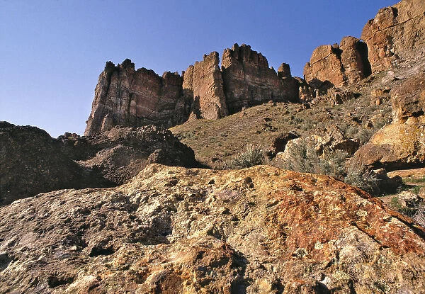 USA, Oregon, John Day Fossil Beds NM. The Clarno Palisades tower above the rocks