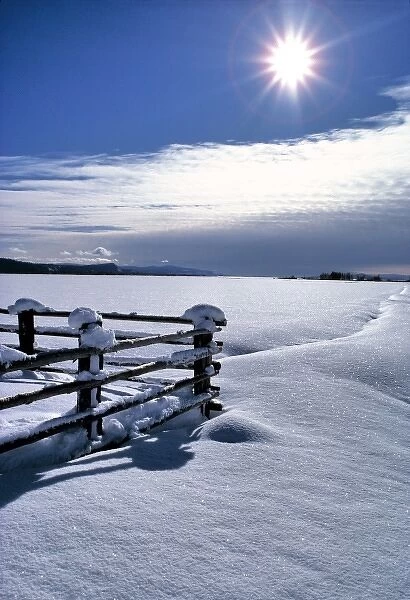 USA, Oregon, Klamath Co. The light from the winter sun creates highlights on a snowy