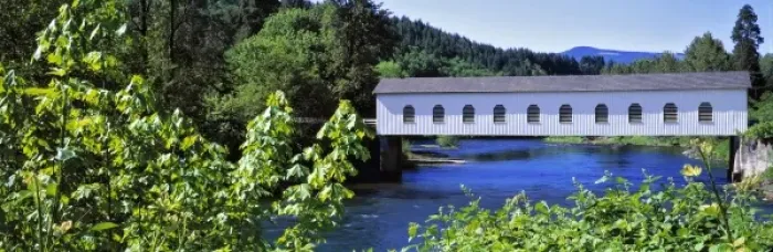 Framed Print : USA, Oregon, McKenzie River. Goodpasture Bridge, on the McKenzie River, is one of
