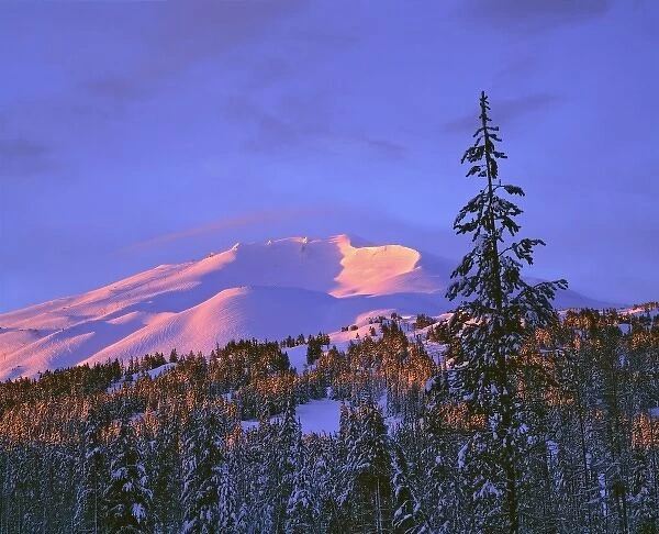 USA, Oregon, Mt Bachelor. Clouds cover the top of Mt Bachelor at dawn in the Cascades Range, Oregon