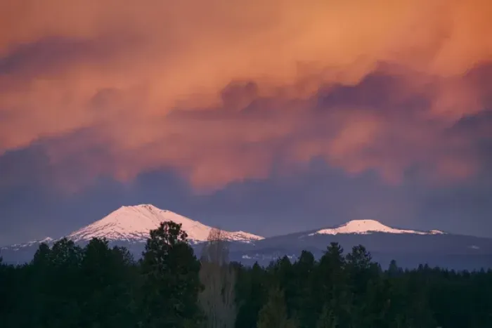 Framed Print : USA, Oregon, Mt Bachelor. Colorful clouds hang above Mt Bachelor near Bend, Oregon