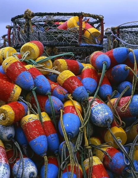 USA, Oregon, Newport. Crab rings and floats on dock