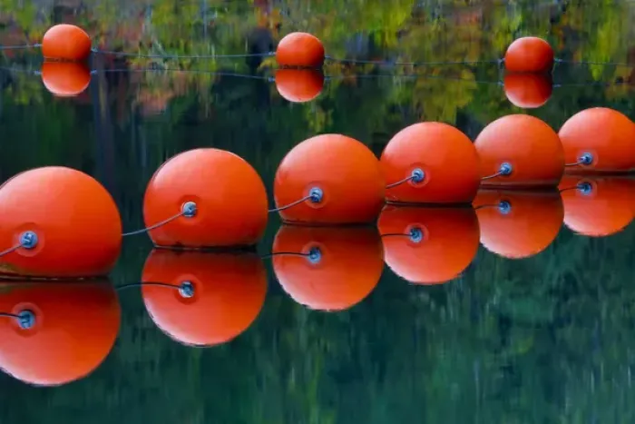 Framed Print : USA, Oregon. Orange buoys form dam on Rogue River