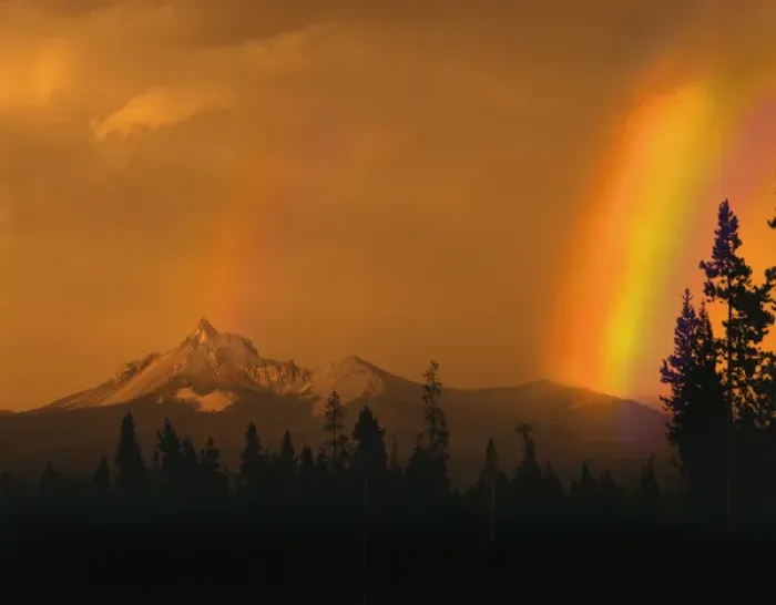 Framed Print : USA, Oregon, Oregon Cascades Recreation Area, Evening sun and passing rainstorm creates
