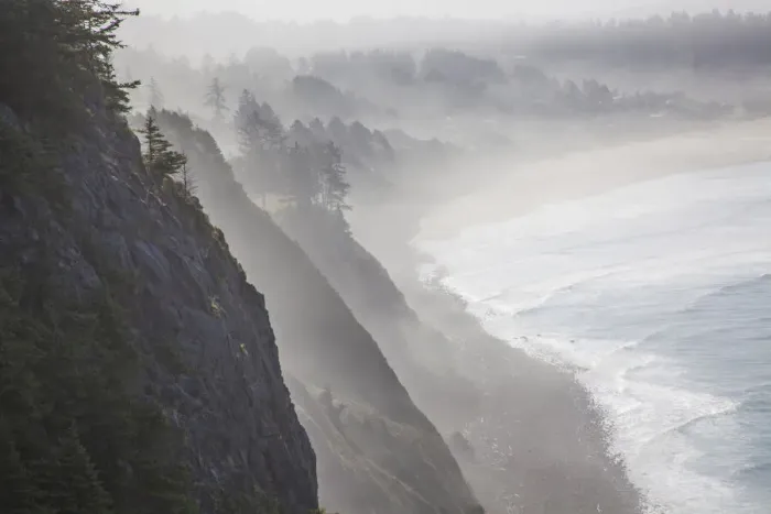 Framed Print : USA, Oregon, Oswald West State Park and cliff bluffs looking towards Manzanita with