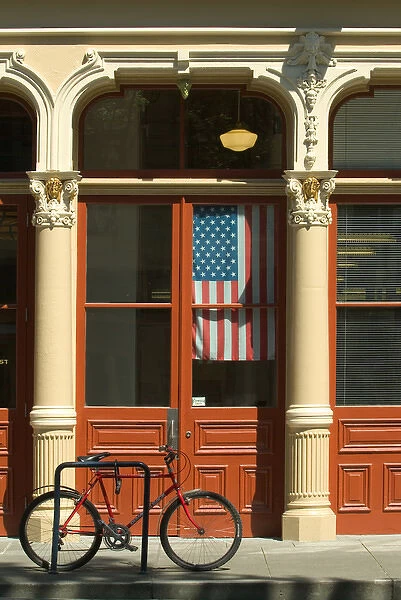 USA, Oregon, Portland, Bicycle parked at entrance to the Blagen building in Old Town