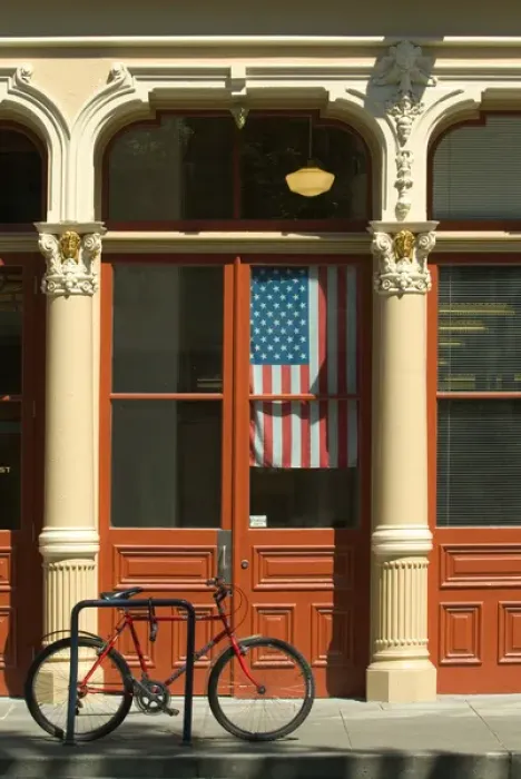 Framed Print : USA, Oregon, Portland, Bicycle parked at entrance to the Blagen building in Old Town Framed Print : USA, Oregon, Portland, Bicycle parked at entrance to the Blagen building in Old Town