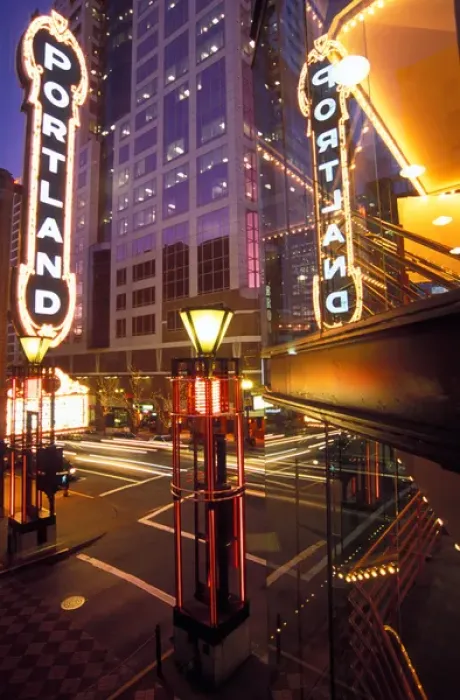 Framed Print : USA, Oregon, Portland, Cars streak by the Arlene Schnitzer Concert Hall, the Portland