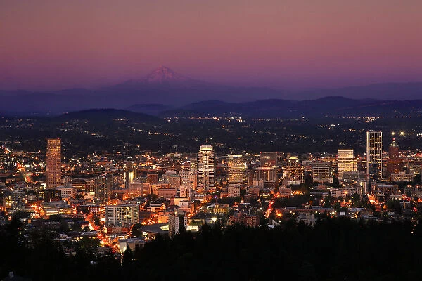 USA, Oregon, Portland. City overview and Mt Hood at sunset